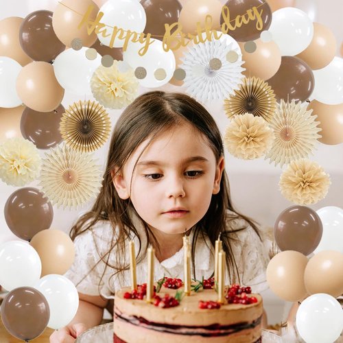 Brown Beige Birthday Party Decorations Paper Fans Cream Brown Birthday Decorations White Brown and Beige Balloon Garland Kit Boho Birthday Party Decorations for Women Girls with Birthday Cake Topper