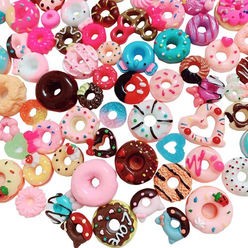 Anrher 100pcs Miniature Donuts Decoration Mixed Flatback Resin Sets for Childrens Doll House Pretend Kitchen Playset Cooking Game Toys