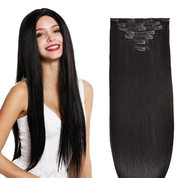 PARAHAIR Clip in Hair Extensions 15" 18" 20" Real Human Hair for Women 7Pcs 16Clips Straight Seamless Remy Natural Black Clip on Hair Extensions 70g/Set (18inch (pack of 1), 1B# Natural Black)