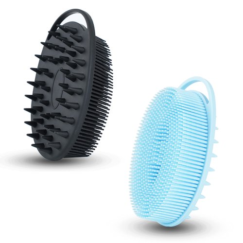 2 PC Oval Silicone Exfoliating Body Scrubber, 2 in 1 Silicone Body Shampoo Brush, Soft Silicone Loofah for Sensitive Skin, Shower Silicone Hair Scalp Massager, Easy to Clean, Lather Well (Black&Blue)