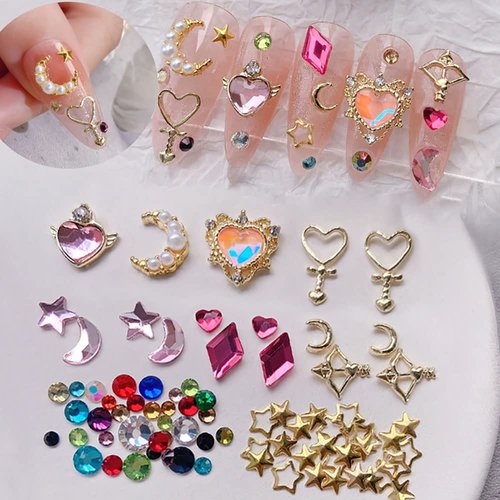 Dornail Mixed 3D Star Moon Colorful Nail Charms, Heart Nail Rhinestones Alloy Nail Charm Nail Gems Charms for Nails Geometry Rhinestone Nail Decorations for Nail Art Jewelry Nail Kit,1 Box