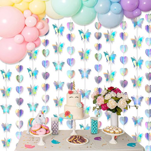 40 Feet Iridescent Party 3D Iridescent Butterfly&Heart Hanging Garlands Holographic Butterflies Love Heart Paper Garland Party Streamers for Wedding Home Decor Birthday Baby Shower Decorations