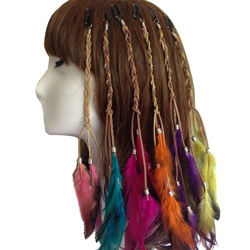 6PCS Women Lady Handmade Boho Hippie Hair Extensions with Feather Clip Comb DIY Accessories Hairpin Headdress