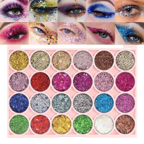evpct 24 Colors Glitter Sparkle Eyeshadow Makeup Palette Pallets For Women, Colorful Eye shadow Pressed Powder Black White Pink Green Blue Shimmer Eyeshadow Glue Gel sombras de ojos profesional 02#