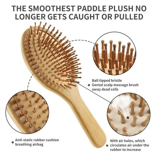 5 pcs Bamboo Hair Brush Set| Wooden Detangling Hairbrush for Women men kids and Baby Thick Thin Curly Straight Dry | Brush Cleaner| Gift for Mom
