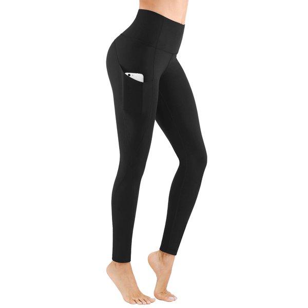 PHISOCKAT Women's High Waist Yoga Pants with Pockets, Leggings with Pockets, Tummy Control Workout Yoga Leggings Black