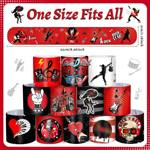 YYMYMGJ 48PCS Rock and Roll Party Favors Slap Bracelets Wristbands Rock Star Party Decorations Supplies for 80s 90s Born to Rock Rock Fake Musician Guitar Rap Theme Party