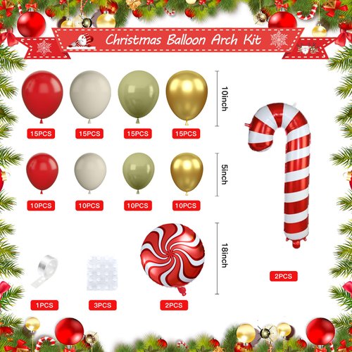 Christmas Balloon Garland Kit, Sage Green Red Gold Christmas Balloon Arch Kit with Cream Balloons Candy Cane Christmas Foil Balloon for Christmas Party Decorations New Year Party Supplies