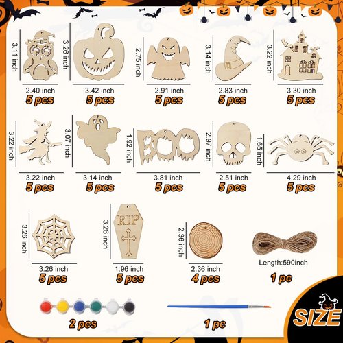 sanendin 52 Pcs Halloween Craft Wooden Kit -Halloween Wood Blank Cutouts Hanging Ornaments,Halloween Decorations Indoor Halloween Party Supplies,Craft Party Favor Family School Activities