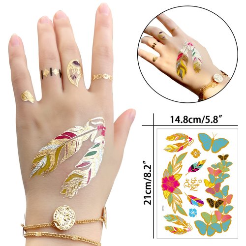 Aresvns Metallic Temporary Tattoo 50+,8 Sheets Gold Silver Fake Tattoos for Women Teen Girls,Flash Jewelry Tattoos,Gold Boho Tattoos Waterproof and long lasting