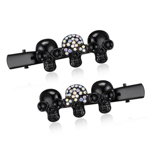 EVER FAITH 2 Pcs Halloween Hair Accessories Austrian Crystal Gorgeous 4 Skull Hair Clip Pin Cosplay Party Gothic Jewelry for Women Girls Iridescent AB Black-Tone