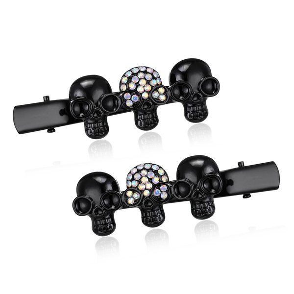 EVER FAITH 2 Pcs Halloween Hair Accessories Austrian Crystal Gorgeous 4 Skull Hair Clip Pin Cosplay Party Gothic Jewelry for Women Girls Iridescent AB Black-Tone
