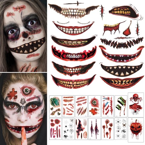 Halloween Prank Makeup Temporary Tattoo, 26 PCS Halloween Temporary Face Tattoos for Adults, Halloween Mouth Tattoos Stickers, Horror Clown Fake Face Scars Wound Tattoo Makeup Kit for Cosplay Party