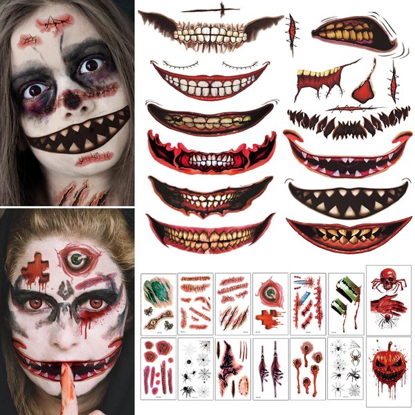 Halloween Prank Makeup Temporary Tattoo, 26 PCS Halloween Temporary Face Tattoos for Adults, Halloween Mouth Tattoos Stickers, Horror Clown Fake Face Scars Wound Tattoo Makeup Kit for Cosplay Party