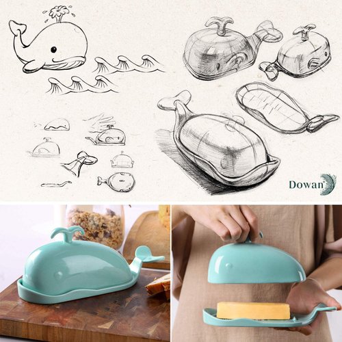 DOWAN Whale Butter Dish, Cute Butter Dish, Funny Gifts for Mom Wife Friends, Fish Bone Cutting Measuring Lines and Tail Non-slip Design, Ideal Decor Gift for Birthday Wedding Housewarming, Turquoise