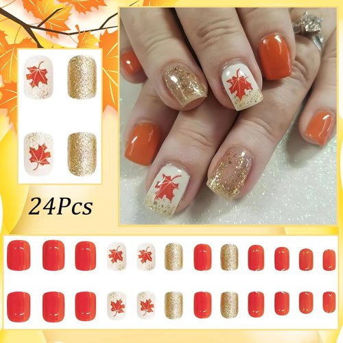 Fall Press on Nails Short Square Fake Nails Maple Leaf Stick on Nails Full Cover Artificial Thanksgiving False Nails Autumn Glossy Maple Leafs with Glitter Design for Women Holiday Stick on Nails