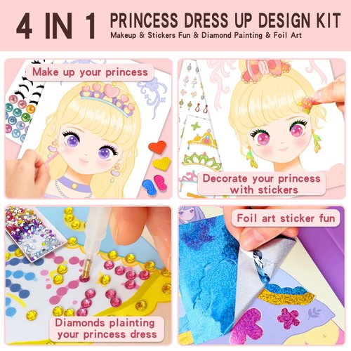 YUANJIA.Y Princess Dress Up Game Set for Girls, Princess Fantasy Makeup Book with Diamond Painting & Paper Art Craft Kits, Creative Dress Up Sticker Book Girl Toy for Ages 4-9 Christmas Birthday Gifts