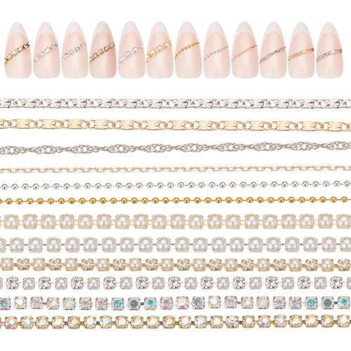 GOMAKERER 12 Pcs 3 Styles Nail Chains, Alloy Nail Rhinestone Chains Imitation Pearl Chains Nail Art Decoration for Women DIY Manicure Tips Decor Jewelry Making