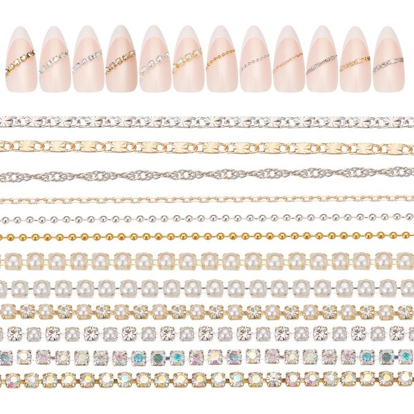 GOMAKERER 12 Pcs 3 Styles Nail Chains, Alloy Nail Rhinestone Chains Imitation Pearl Chains Nail Art Decoration for Women DIY Manicure Tips Decor Jewelry Making