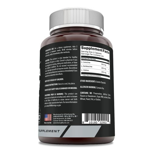 Amazing Muscle BCAA 2:1:1 1000 Mg | Pre-Workout Supplement | 400 Capsules | Non-GMO | Gluten-Free | Made in USA