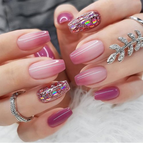 Medium Press on Nails Pink-Purple Gradient Fake Nails Glossy Coffin Glue on Nails Medium Length Sequins Designs False Nails Full Cover Acrylic Nails for Women Girls