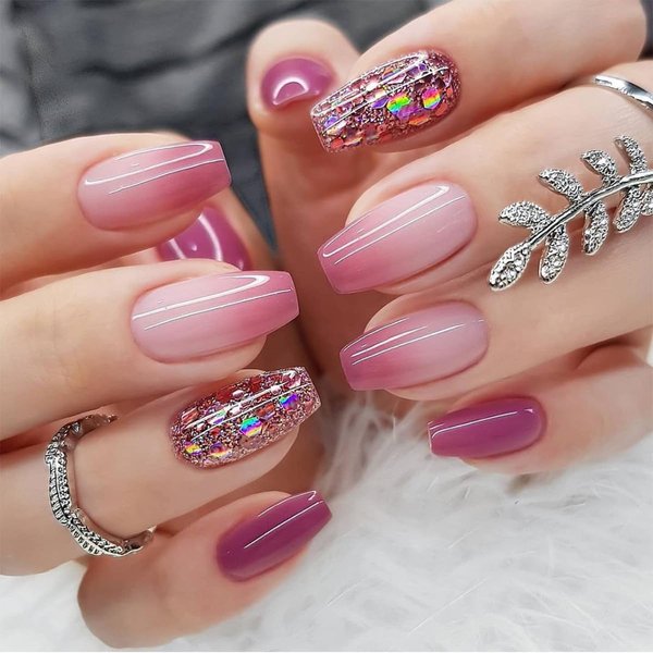 Medium Press on Nails Pink-Purple Gradient Fake Nails Glossy Coffin Glue on Nails Medium Length Sequins Designs False Nails Full Cover Acrylic Nails for Women Girls