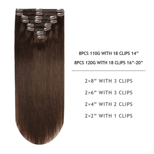 YILITE Hair Extensions Clip in 18 Inch 120g 8pcs Clip in Hair Extensions Real Human Hair Natural Silky Double Weft Hair Extensions Clip in Real Hair (18inch #2 Darkt Brown)