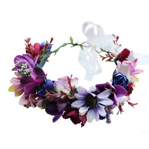 Vivivalue Floral Halo Boho Flower Headband Floral Crown Headpiece Hair Wreath with Ribbon Wedding Party Prom Photos Festival Purple