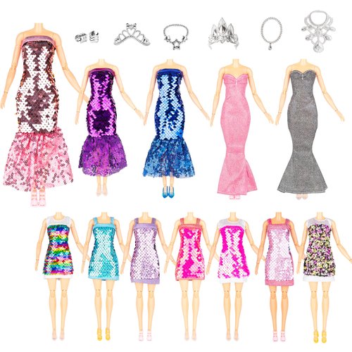 Keysse Glitter Sequin Mermaid Doll Clothes and Accessories - 12 Sequin Sparkly Glitter Party Club Dress, 2 Different Crown Ornament and 3 Beautiful Necklace, 2 Wide Bracelets, 10 Shoes, 29 Gift Set