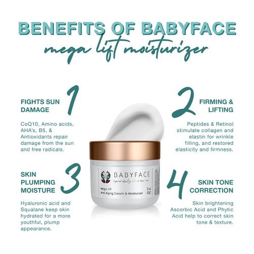 Babyface Mega Lift Cream – Vitamin C & Peptides Moisturizer for Day & Night, Hydrates, Smooths Skin Tone, Boosts Collagen & Firmness (2.4 oz)
