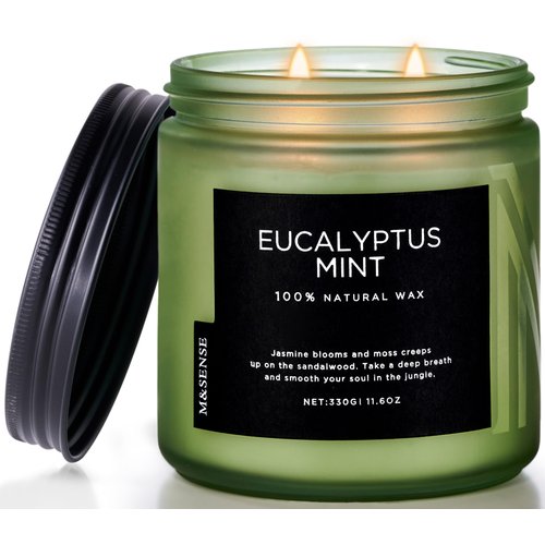 M&SENSE Eucalyptus Mint Soy Candles for Home Scented, 11.6oz 70 Hour Burn Aromatherapy Candle Gift for Stress Relief, Meditation, Yoga, Relaxing SPA, Reusable Jar Candles for Men and Women