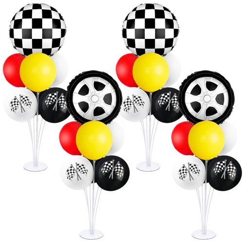 Hoemwarm 18" Race Cars Foil Balloons Stand Kit 4 Set,Sports Checkered Race Balloons Birthday Party Decorations Flags Balloons for for Race Fans Kids Boy Supplies