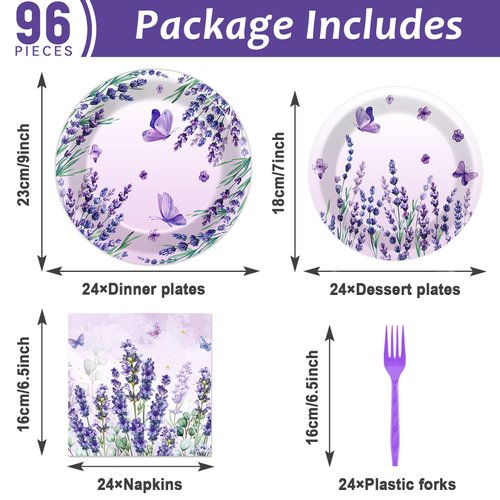 96 Pcs Purple Party Supplies Lavender Paper Plates Napkins Watercolor Floral Cake Dessert Party Tableware Set Butterfly Dinnerware for Thanksgiving Birthday Party Baby Shower Decoration Serve 24