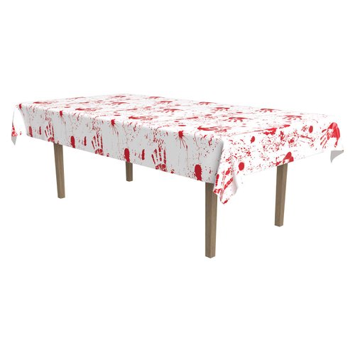 Beistle Bloody Handprints Tablecover Table Cloth, Rectangular, Holiday Plastic Tablecloth, Halloween Decorations, 54” x 108”, Red/White