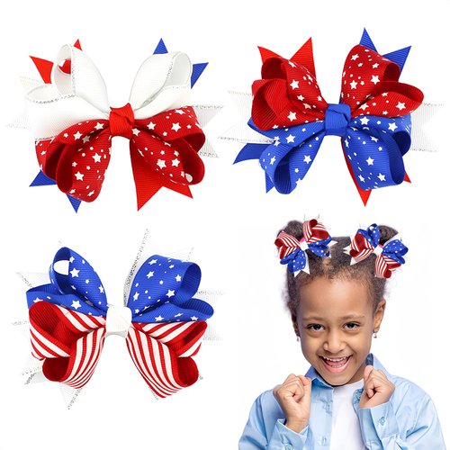 HIFANMM 4th of July Hair Bow Patriotic Hair Clips for Girls, 3pcs Independence Day Hair Accessories Red White Blue Stars Stripes Glitter Bowknot Cute Hairpins Baby Hair Alligator Barrettes