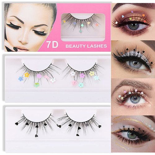 3 Pairs False Eyelashes, Festival Styles Dramatic Glitter Sequin Lashes with Cute Colorful Black Heart/Colorful Flower Lashes for Decorative Christmas New Year Halloweens Cosplay Party
