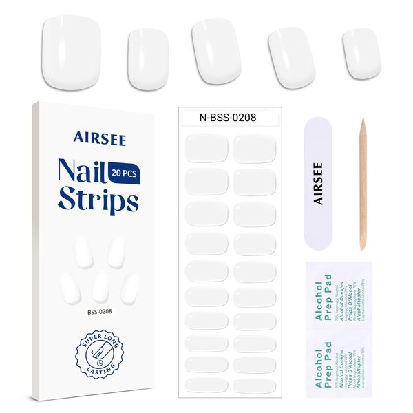 AIRSEE Semi Cured Gel Nail Strips Kit(White Haven)-Works with Any UV Nail Lamps Light, Salon-Quality,Long Lasting, Easy to Apply & Remove - Includes 20Pcs 2 Prep Pads, Nail File & Wooden Stick