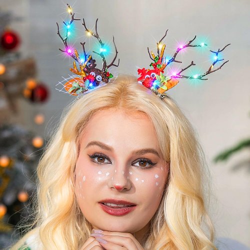 JEAIRTS Christmas Reindeer Antler Hair Clips Light Up Xmas Antlers Headpiece Glowing Berry Christmas Barrettes Holiday Hair Accessories for Women and Girls (2-Reindeer Hair Clips)