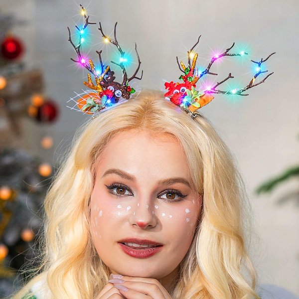 JEAIRTS Christmas Reindeer Antler Hair Clips Light Up Xmas Antlers Headpiece Glowing Berry Christmas Barrettes Holiday Hair Accessories for Women and Girls (2-Reindeer Hair Clips)