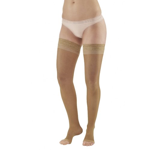 Ames Walker AW Style 48 Sheer Support 20-30 mmHg Firm Compression Open Toe Thigh High Stockings w/Top Band Beige Medium