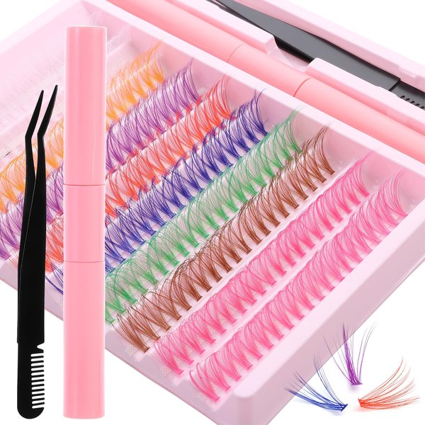 DSLONG Colored Lash Clusters DIY Eyelash Extension Kit 16mm Mixed 8 Colors Individual Lash Kit With Strong Hold Bond and Seal and lash Tweezer for Beginners Individual Lashes at Home (16mm)