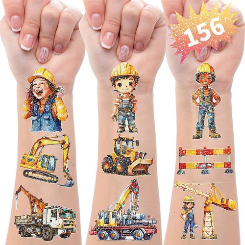SUNAI Construction Birthday Party Supplies - 156 Glitter Style Construction Truck Temporary Tattoos for Kids - Perfect for Birthday Decorations,Supplies,Gifts Goodie Bag Fillers, 12 Sheets