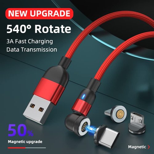 BITHAI Magnetic Charging Cable 540° Rotation Magnetic Phone Charger 5pin USB C Cable,Micro USB,iProduct Device 3 in 1.LED Light Magnet Android Charger Type C Cable (Red)
