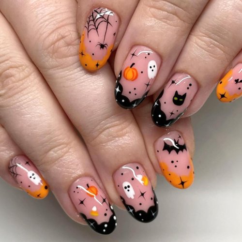 Halloween Press on Nails Short Almond Fake Nails, French Tip Press on Nails with Cute Ghost Spider Web Pumpkin Designs Glossy Full Cover Glue on Nails for Women 24Pcs