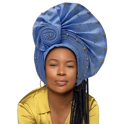 QliHut Nigerian Headtie African Head Wraps Already Made Auto Gele African Turban Cap For Party (Sky Blue)