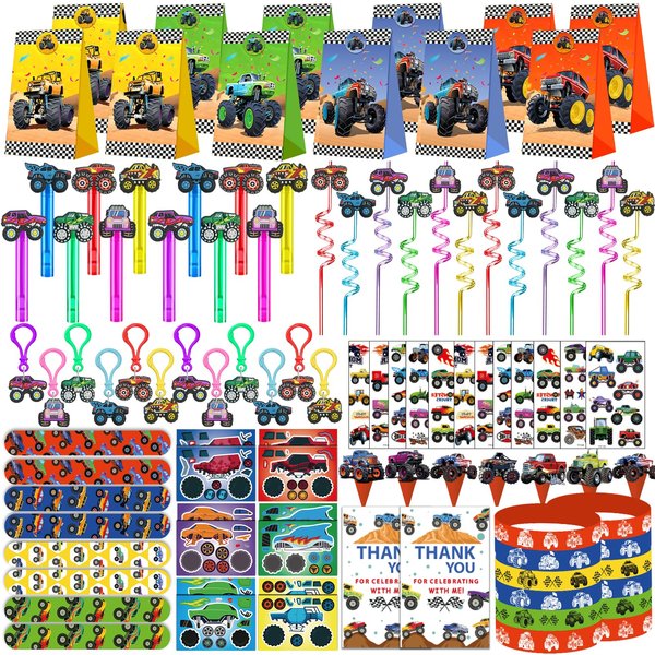 PLOUGVI 232 PCS Party Favors for Monster Truck Birthday Decorations Supplies Monster Truck Party Stuff for Party Goodie Bag Stuffer Pinata Filler Gifts