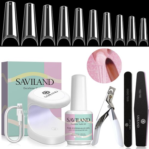 SAVILAND Nail Tips for Acrylic - Professional Gel X Nail Kit Clear Long Coffin Nail Tips 500PCS Half Cover with 15ML 4-IN-1 Super Strong Nail Glue U V/LED Nail Lamp Nail Extensioin Kit for Starter DIY