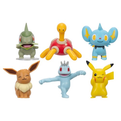 Pokémon PKW3614 Battle Figure Multipack - Pack of 6 with Pikachu, Pottrot, Milza, Sheinux, Evoli & Machollo, Official Figures, 5 cm Each