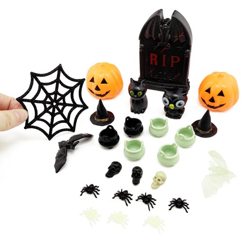 PRETTYLIFE Miniature Dollhouse Halloween Decoration Kit 26 Pieces Plastic Mini Pumpkin Spider Bat Cat Owl Witch Hat Skull Cauldron Horror Garden Micro Landscape Ornaments