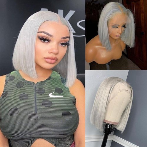Grey Bob Wigs Human Hair Lace Front Bob Wig Pre Plucked with Baby Hair 13x4x1 T Part Lace Front Wig Glueness Wigs Bleached Knots Silky Straight Short Wigs for Black Women 180% Density 10Inch